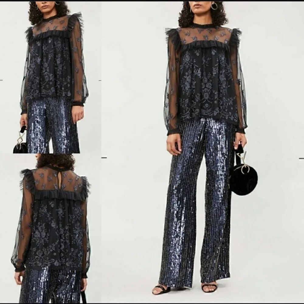 Illusion Washed Black Floral Embroidered Tulle Ruffle Longsleeve Blouse Top 6 S